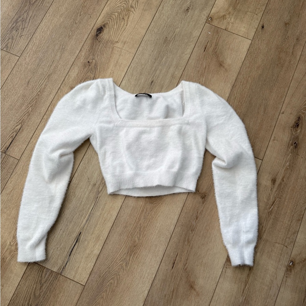 White cropped fuzzy sweater